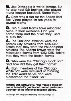 1990 Interpretive Marketing Baseball Wit - Unnumbered #NNO Joe DiMaggio Back
