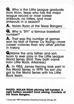 1990 Interpretive Marketing Baseball Wit - Unnumbered #NNO Nolan Ryan Back