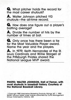 1990 Interpretive Marketing Baseball Wit - Unnumbered #NNO Walter Johnson Back