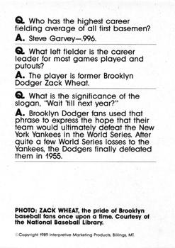1990 Interpretive Marketing Baseball Wit - Unnumbered #NNO Zack Wheat Back