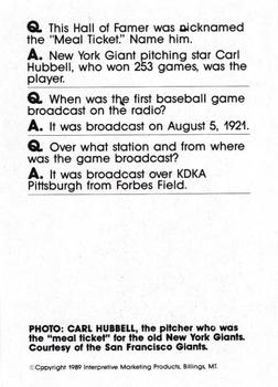 1990 Interpretive Marketing Baseball Wit - Unnumbered #NNO Carl Hubbell Back