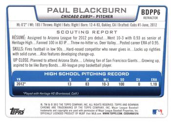 2012 Bowman Draft Picks & Prospects - Chrome Draft Picks Blue Wave Refractors #BDPP6 Paul Blackburn Back