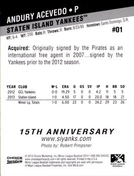 2014 Choice Staten Island Yankees #1 Andury Acevedo Back