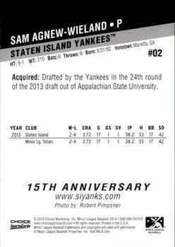 2014 Choice Staten Island Yankees #2 Sam Agnew-Wieland Back