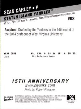 2014 Choice Staten Island Yankees #8 Sean Carley Back