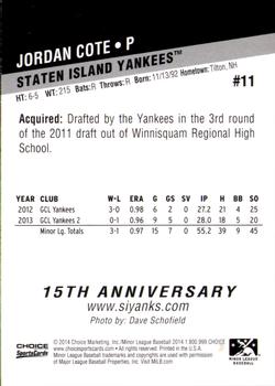 2014 Choice Staten Island Yankees #11 Jordan Cote Back