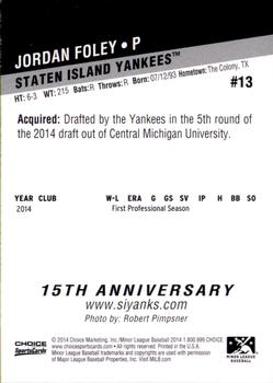 2014 Choice Staten Island Yankees #13 Jordan Foley Back