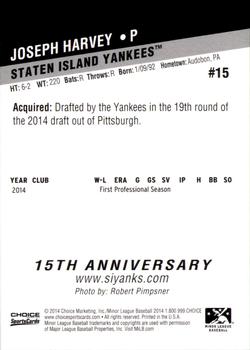 2014 Choice Staten Island Yankees #15 Joseph Harvey Back