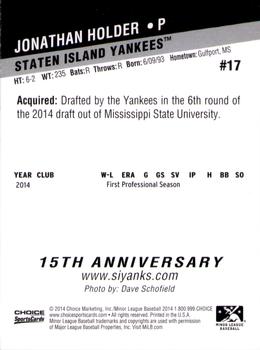 2014 Choice Staten Island Yankees #17 Jonathan Holder Back