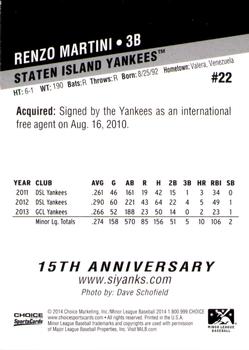 2014 Choice Staten Island Yankees #22 Renzo Martini Back