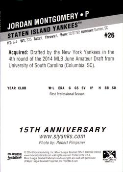 2014 Choice Staten Island Yankees #26 Jordan Montgomery Back