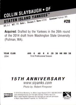 2014 Choice Staten Island Yankees #28 Collin Slaybaugh Back