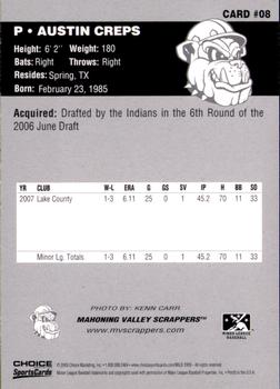 2008 Choice Mahoning Valley Scrappers #8 Austin Creps Back