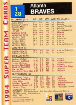 1994 Stadium Club - Super Teams Members Only #1 Atlanta Braves Back