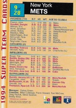 1994 Stadium Club - Super Teams Members Only #9 New York Mets Back