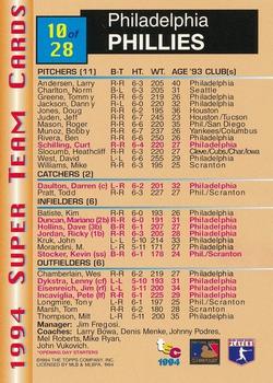 1994 Stadium Club - Super Teams Members Only #10 Philadelphia Phillies Back