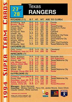 1994 Stadium Club - Super Teams Members Only #27 Texas Rangers  Back
