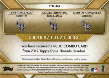 2017 Topps Triple Threads - Relic Combos #TTRC-SGA Carlos Gonzalez / Trevor Story / Nolan Arenado Back