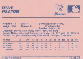 1989 Star Greenville Braves - Platinum #17 Dave Plumb Back