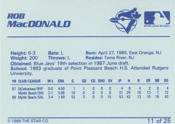 1989 Star Knoxville Blue Jays - Platinum #11 Rob MacDonald Back