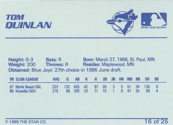 1989 Star Knoxville Blue Jays - Platinum #16 Tom Quinlan Back