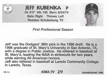 1996 Grandstand Yakima Bears #YB13 Jeff Kubenka Back