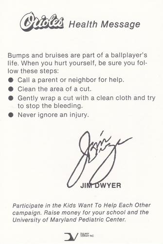1985 Baltimore Orioles Health Message SGA #NNO Jim Dwyer Back