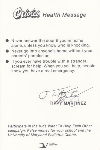 1985 Baltimore Orioles Health Message SGA #NNO Tippy Martinez Back