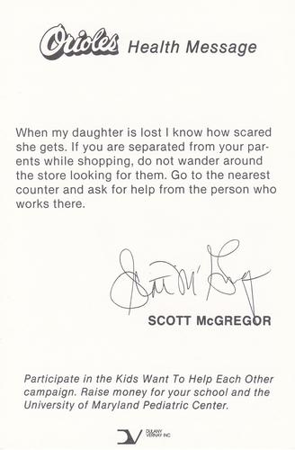 1985 Baltimore Orioles Health Message SGA #NNO Scott McGregor Back