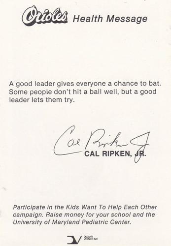1985 Baltimore Orioles Health Message SGA #NNO Cal Ripken, Jr. Back