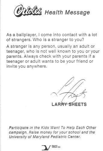 1985 Baltimore Orioles Health Message SGA #NNO Larry Sheets Back