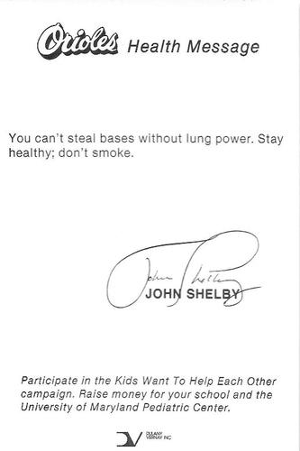 1985 Baltimore Orioles Health Message SGA #NNO John Shelby Back