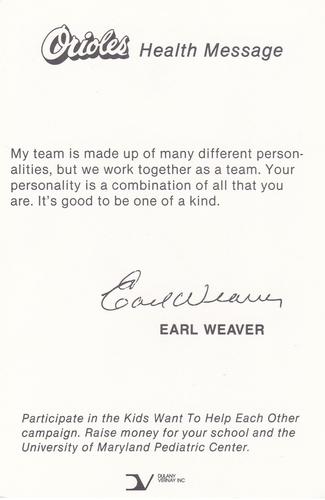 1985 Baltimore Orioles Health Message SGA #NNO Earl Weaver Back