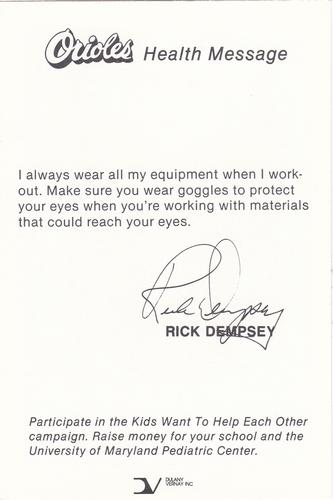 1985 Baltimore Orioles Health Message SGA #NNO Rick Dempsey Back