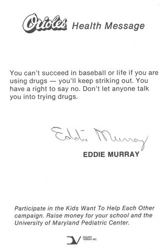 1985 Baltimore Orioles Health Message SGA #NNO Eddie Murray Back