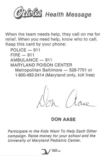 1985 Baltimore Orioles Health Message SGA #NNO Don Aase Back