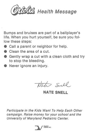 1985 Baltimore Orioles Health Message SGA #NNO Nate Snell Back