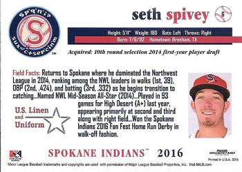 2016 Grandstand Spokane Indians #6 Seth Spivey Back
