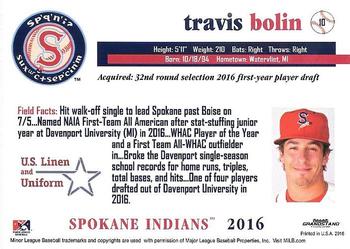 2016 Grandstand Spokane Indians #10 Travis Bolin Back