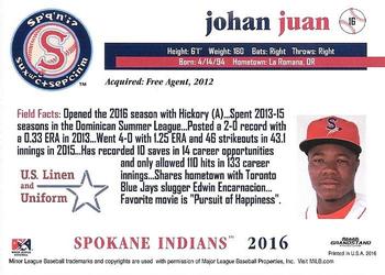 2016 Grandstand Spokane Indians #16 Johan Juan Back