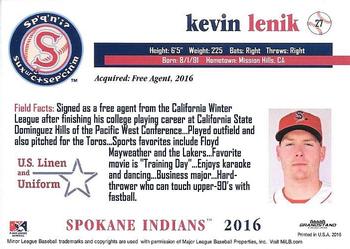 2016 Grandstand Spokane Indians #27 Kevin Lenik Back