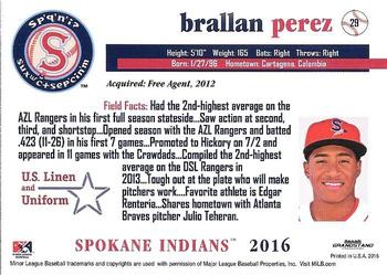2016 Grandstand Spokane Indians #29 Brallan Perez Back