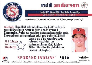 2016 Grandstand Spokane Indians #33 Reid Anderson Back