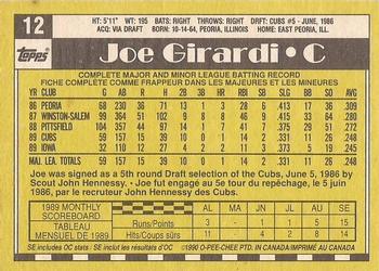 1990 O-Pee-Chee - White Back (Test Stock) #12 Joe Girardi Back
