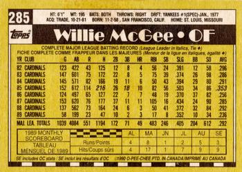 1990 O-Pee-Chee - White Back (Test Stock) #285 Willie McGee Back