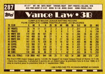 1990 O-Pee-Chee - White Back (Test Stock) #287 Vance Law Back