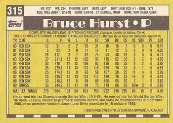 1990 O-Pee-Chee - White Back (Test Stock) #315 Bruce Hurst Back