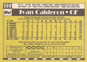 1990 O-Pee-Chee - White Back (Test Stock) #569 Ivan Calderon Back