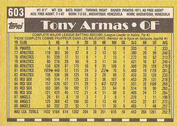 1990 O-Pee-Chee - White Back (Test Stock) #603 Tony Armas Back
