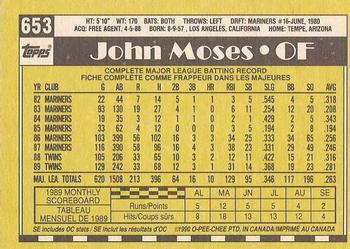 1990 O-Pee-Chee - White Back (Test Stock) #653 John Moses Back